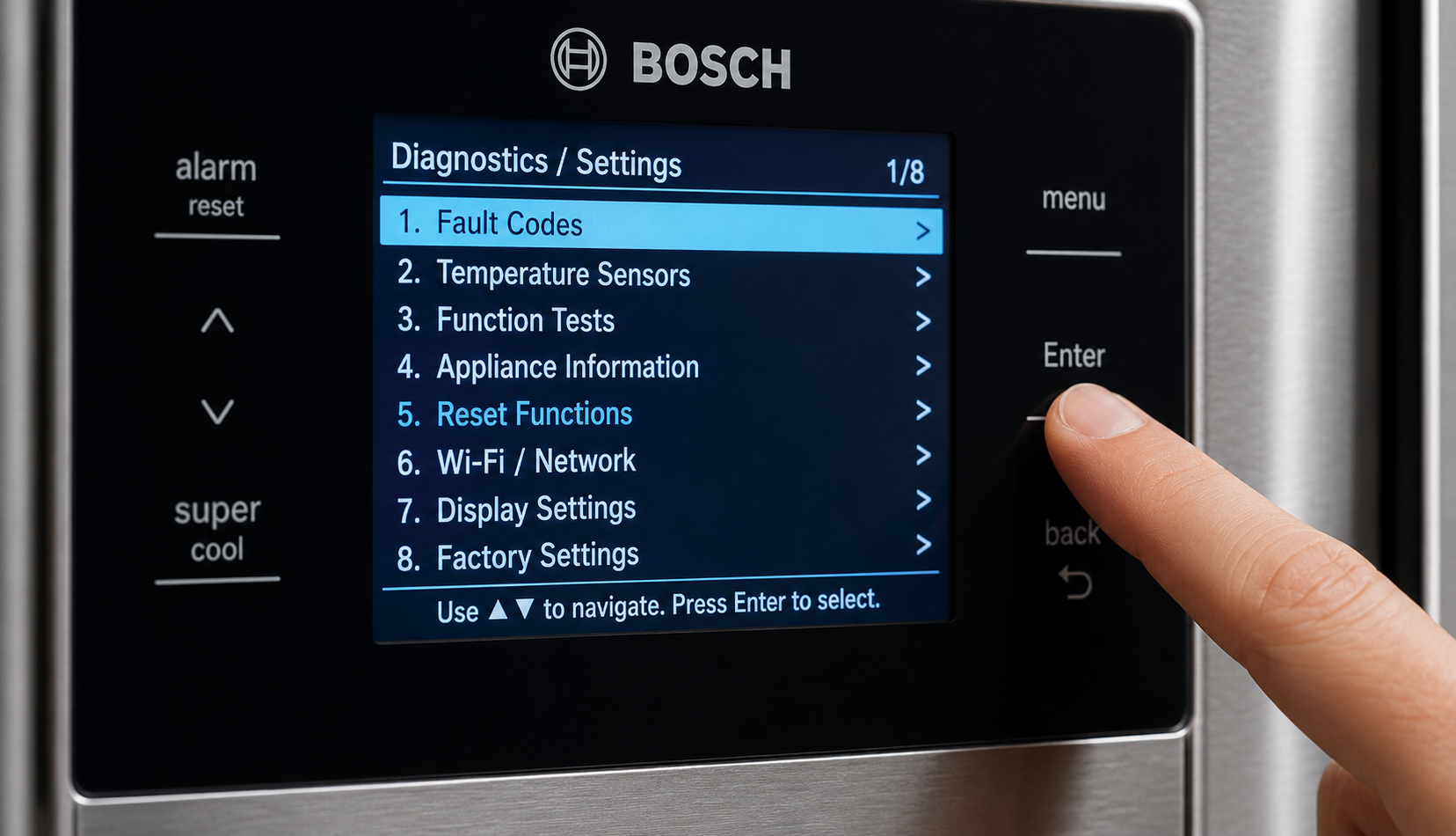 ChatGPT Image Jun 22, 2026, 04_40_52 PM finger navigating Bosch refrigerator control panel diagnostics menu