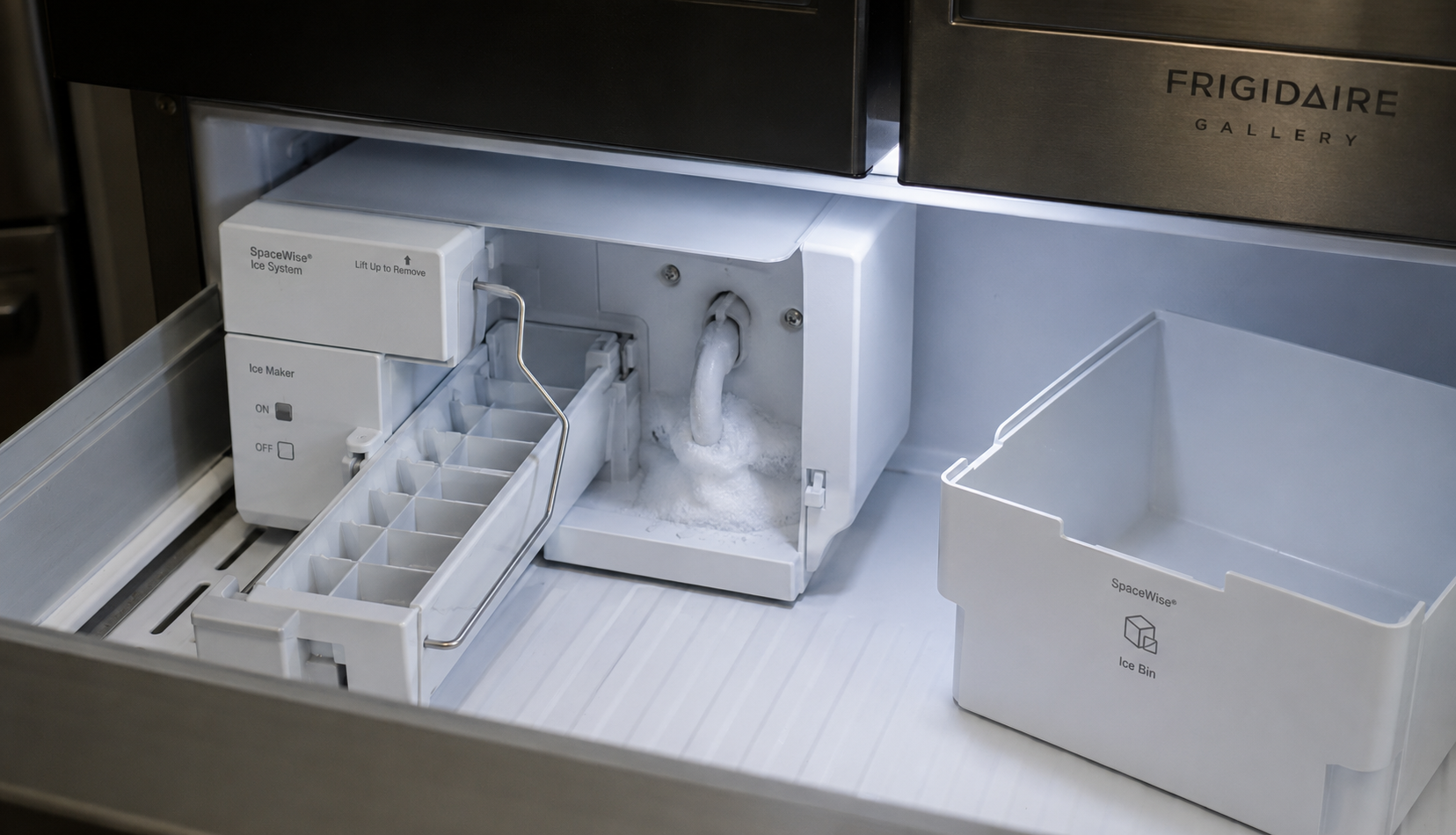 Frigidaire Gallery ice maker fill tube area with frost buildup