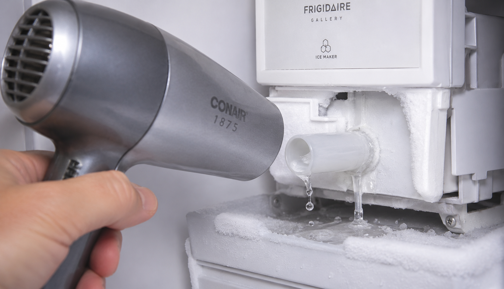 hair dryer clearing ice blockage from Frigidaire ice maker fill tube