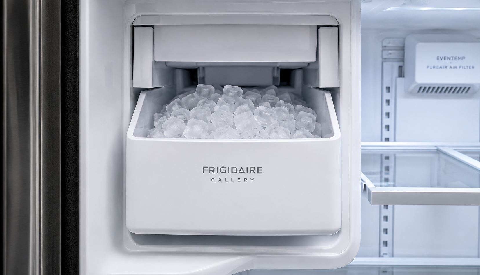 Frigidaire Gallery ice bin filled with fresh ice properly seated