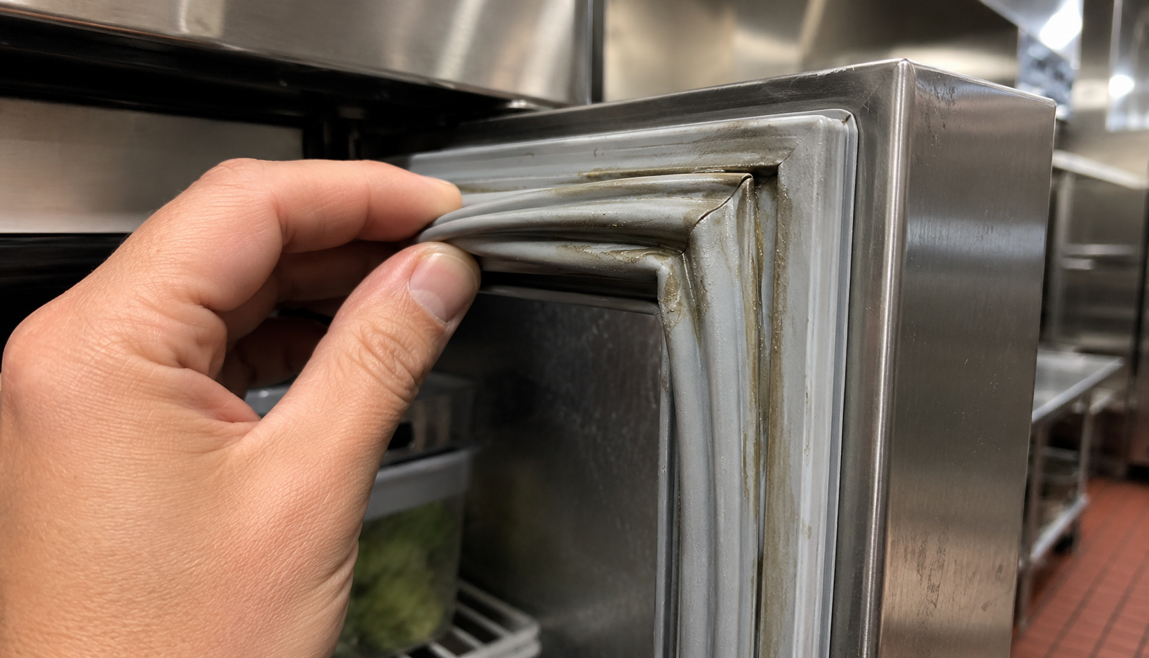 ChatGPT Image Jun 22, 2026, 05_19_31 PM inspecting commercial refrigerator door gasket in restaurant kitchen