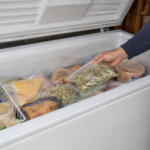open freezer with partially thawed food not properly frozen