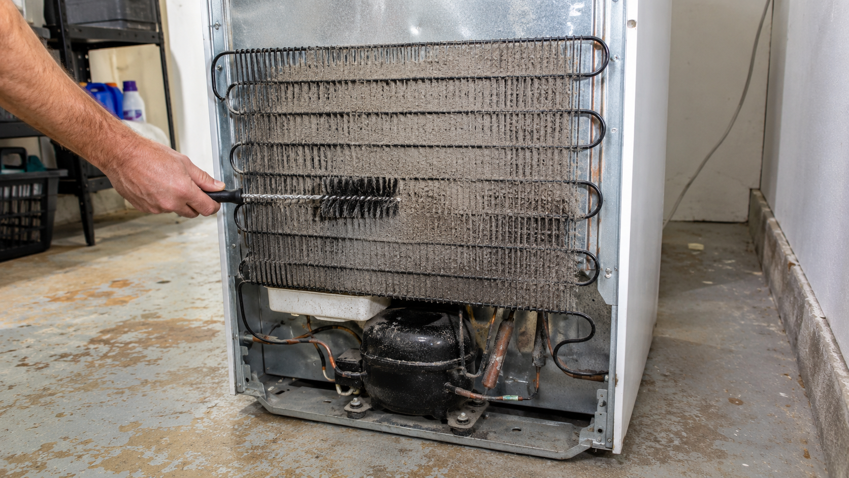 ChatGPT Image Jun 22, 2026, 11_55_45 PM (2) cleaning dirty condenser coils on freezer with brush