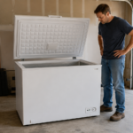 chest freezer in garage with lid open during repair diagnosis