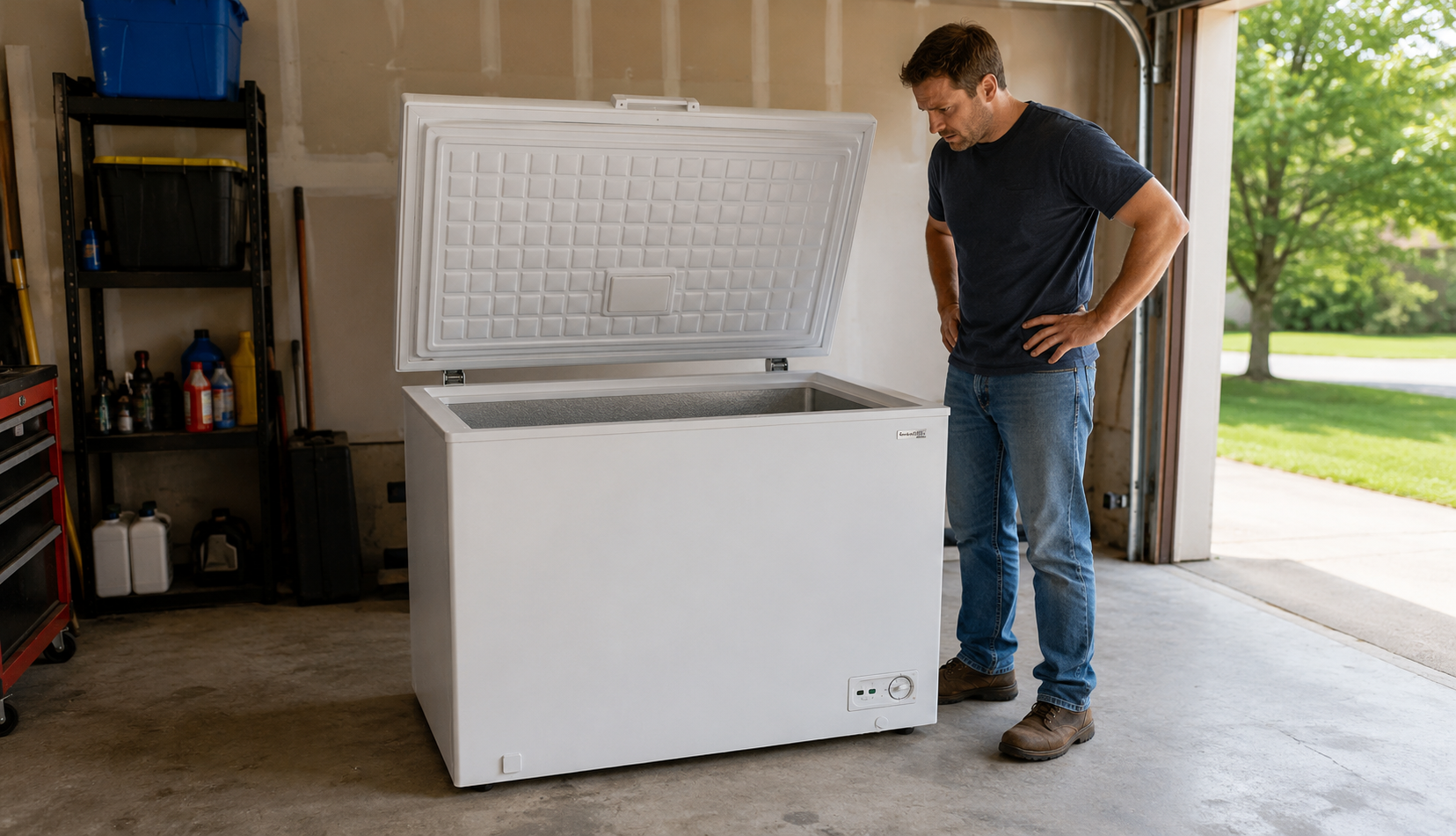 ChatGPT Image Jun 23, 2026, 07_08_24 PM chest freezer in garage with lid open during repair diagnosis