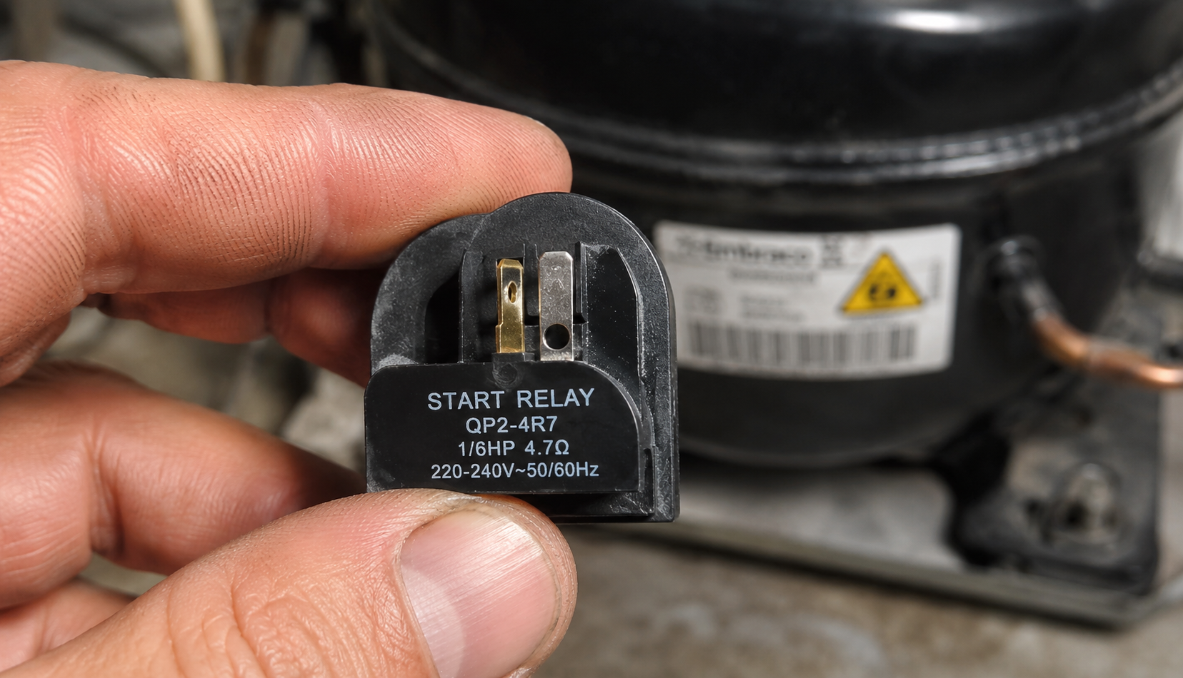 ChatGPT Image Jun 23, 2026, 07_08_28 PM hand holding freezer compressor start relay for testing