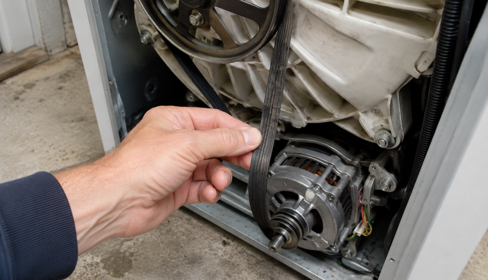  inspecting worn washing machine drive belt for glazing