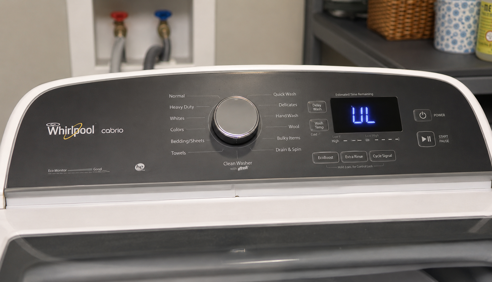 Whirlpool Cabrio washer display showing UL unbalanced load error