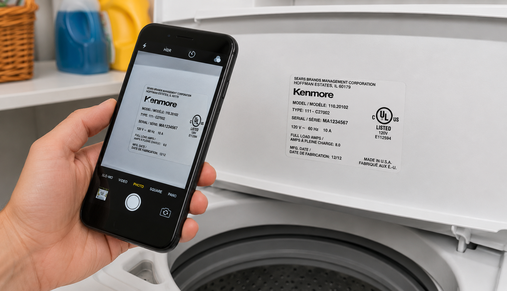 photographing Kenmore washer model number sticker under lid