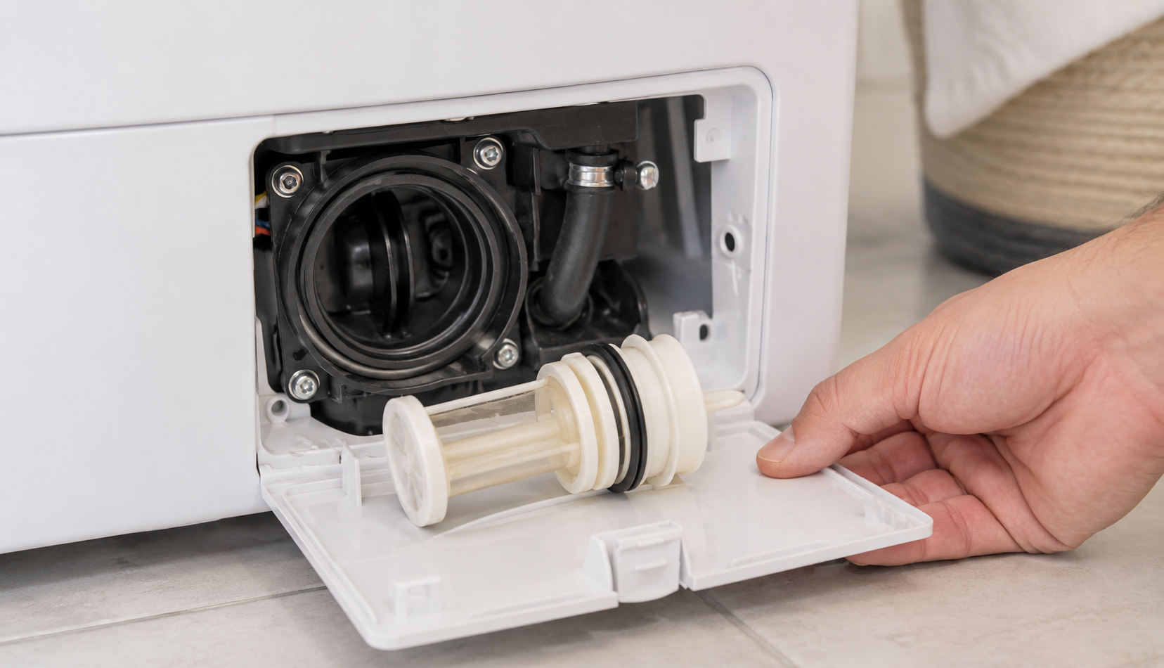 washing machine drain pump and filter visible behind access panel