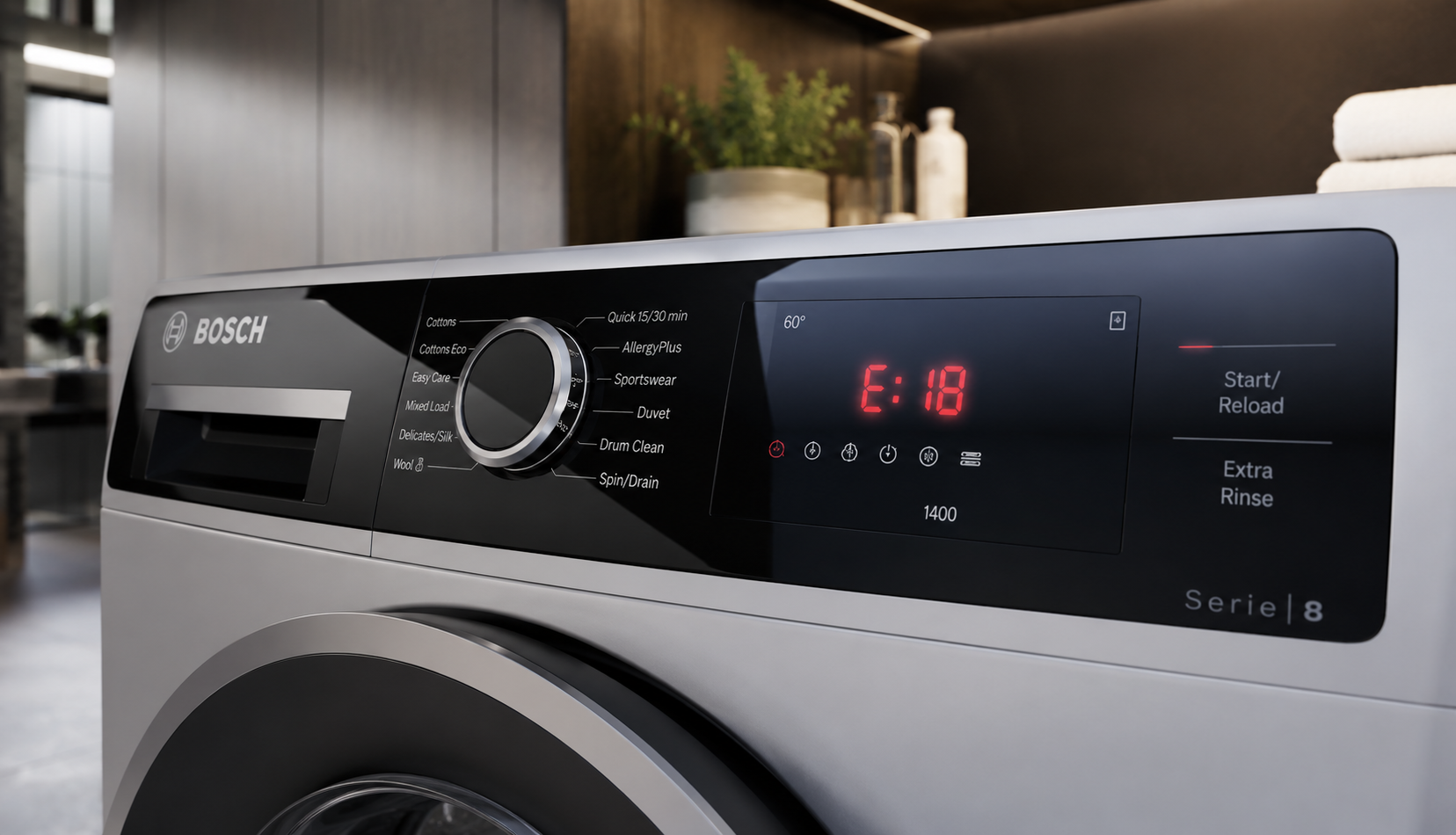 Bosch washing machine display showing active fault code
