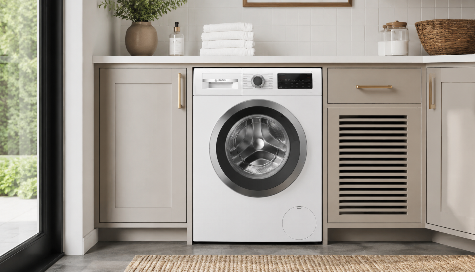 built-in Bosch washer integrated into custom laundry cabinetry