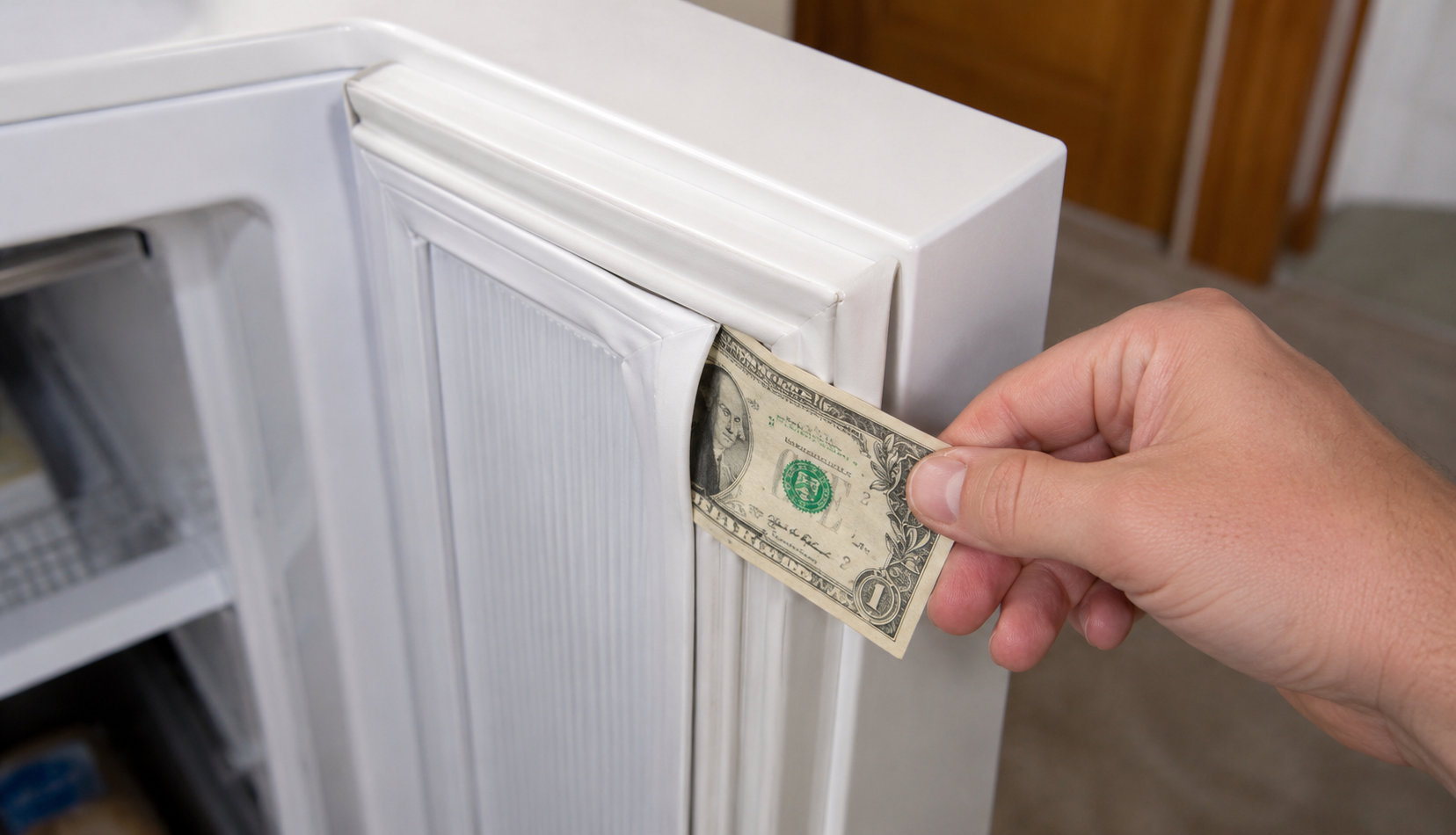 dollar bill test on freezer door seal corner showing partial failure