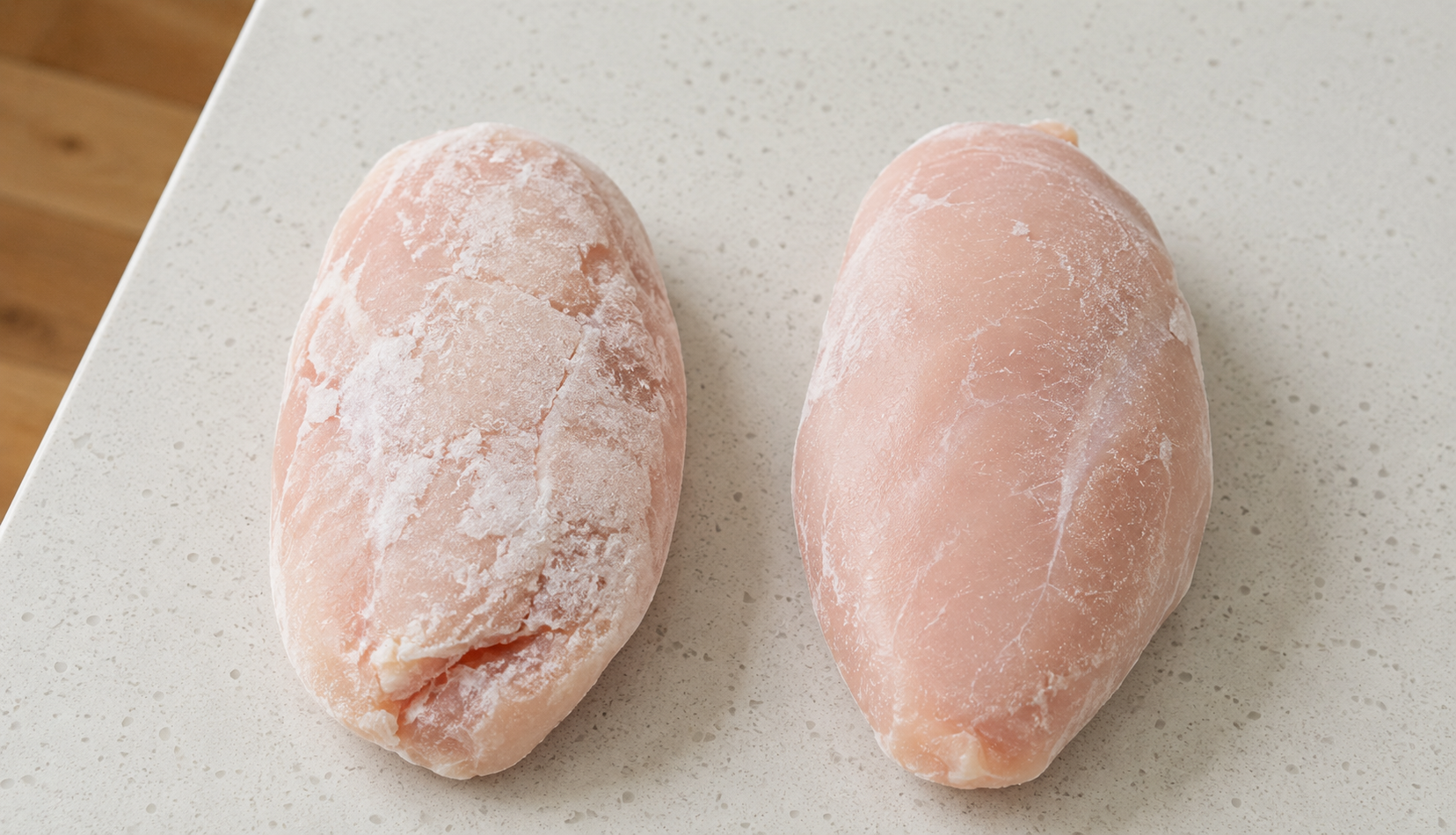 comparison of freezer burned chicken versus properly frozen chicken