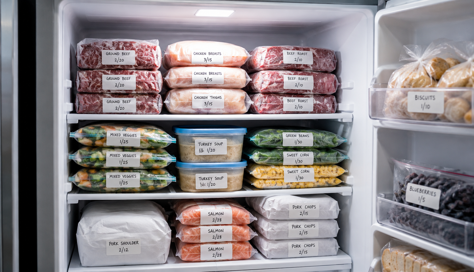 organized labeled freezer packages properly wrapped to prevent freezer burn