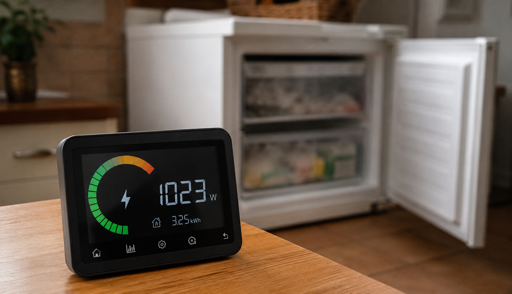 energy monitor near freezer showing increased power usage