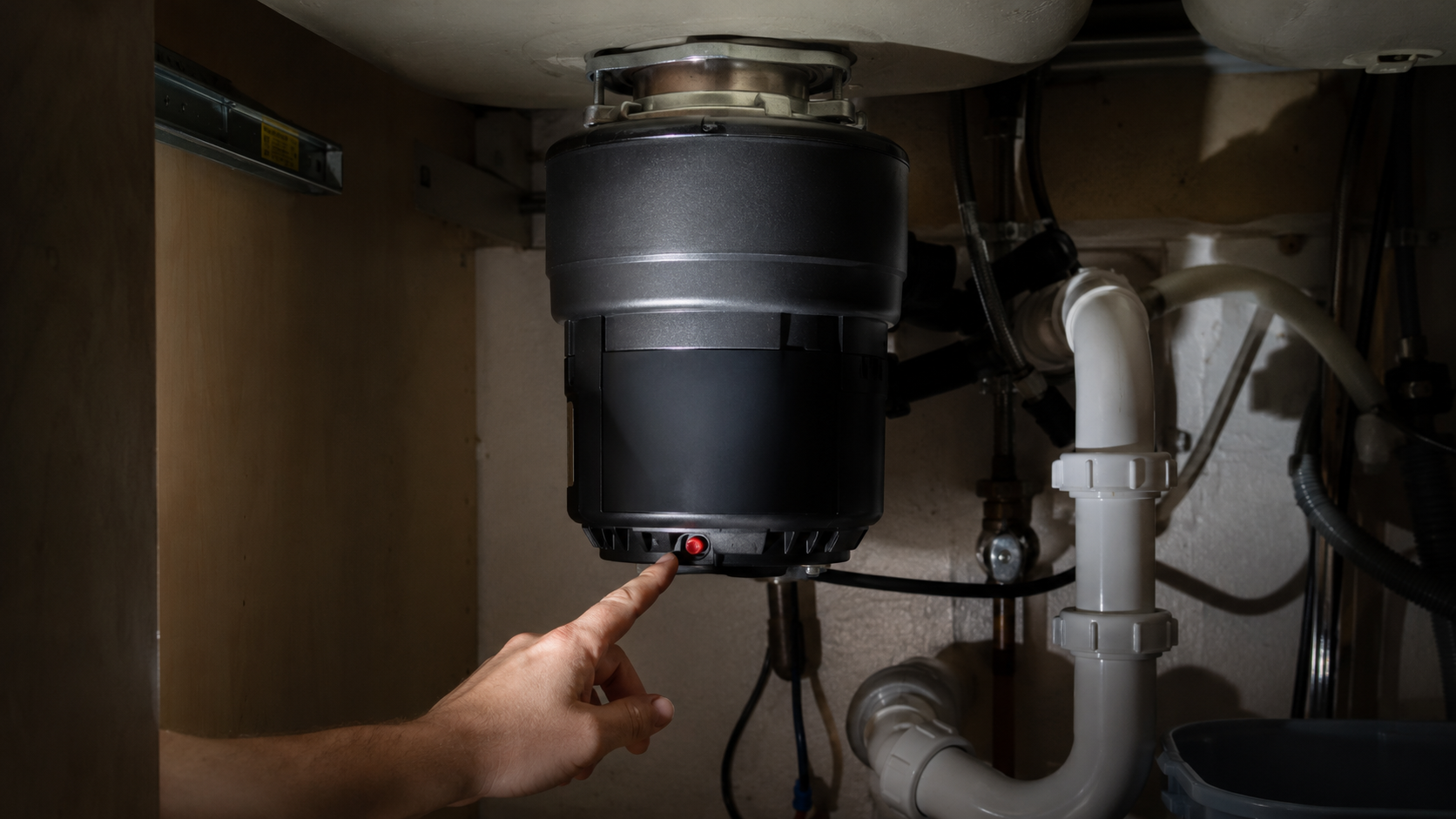 garbage disposal unit under kitchen sink with reset button visible