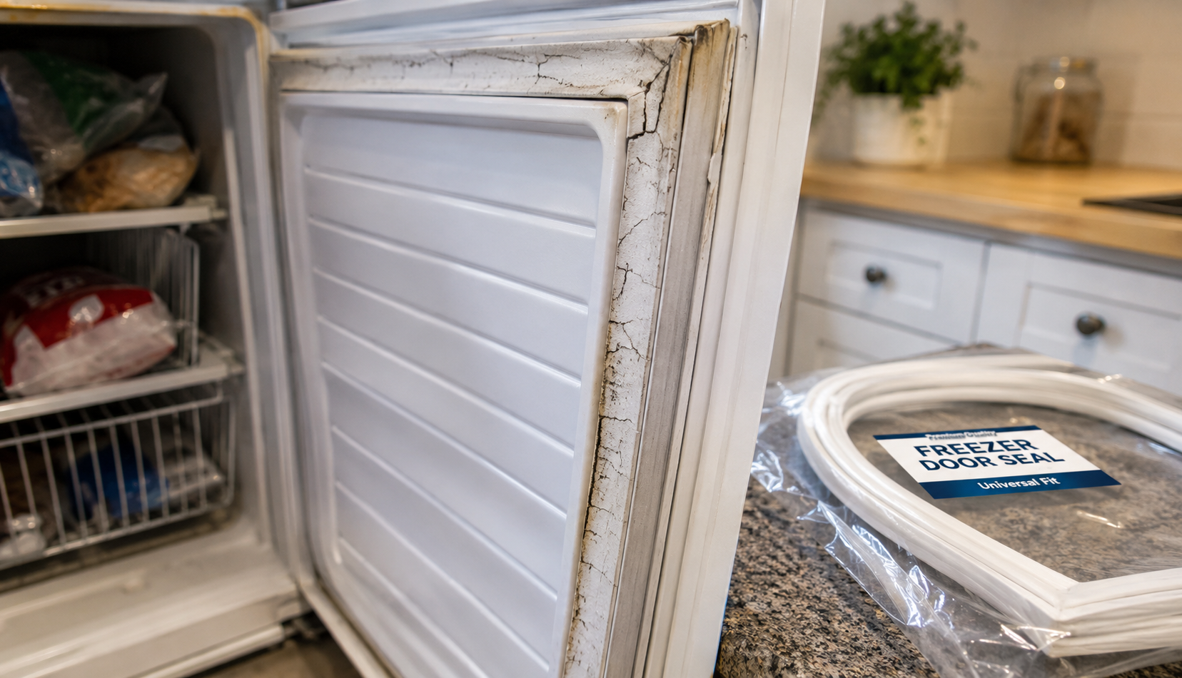 worn freezer door seal next to new replacement seal