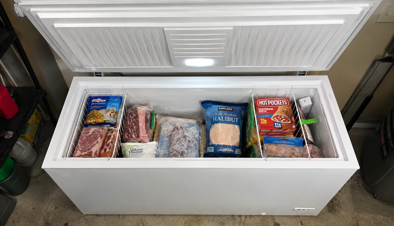 open deep chest freezer with hanging baskets and frozen food