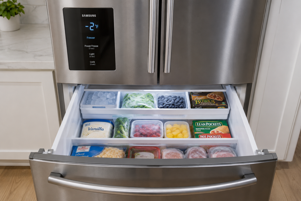 Samsung freezer drawer with properly frozen food after fix