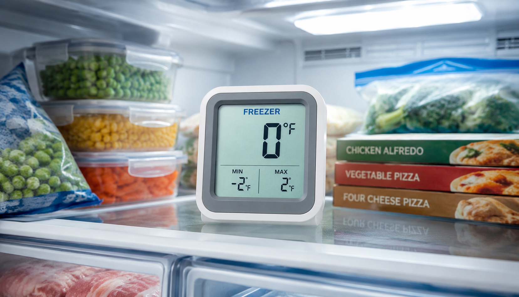 freezer thermometer showing correct 0 degree temperature
