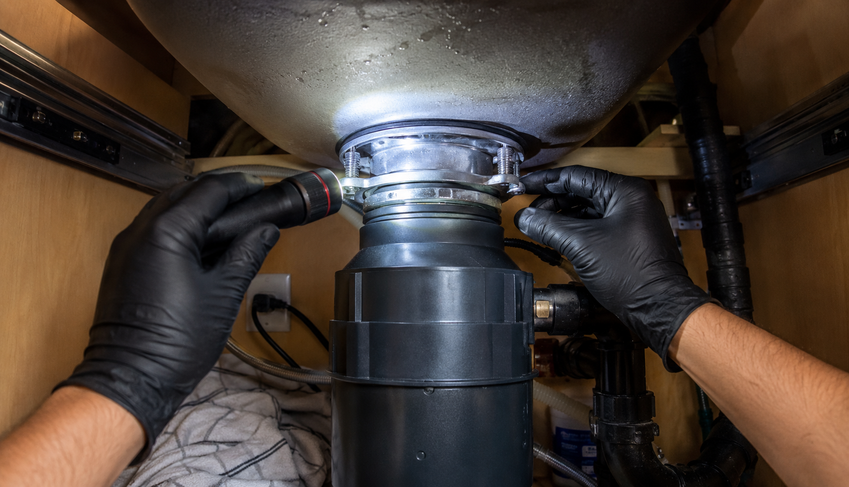 ChatGPT Image Jun 28, 2026, 04_01_58 PM Hand inspecting garbage disposal seal and bolts with flashlight for leak diagnosis