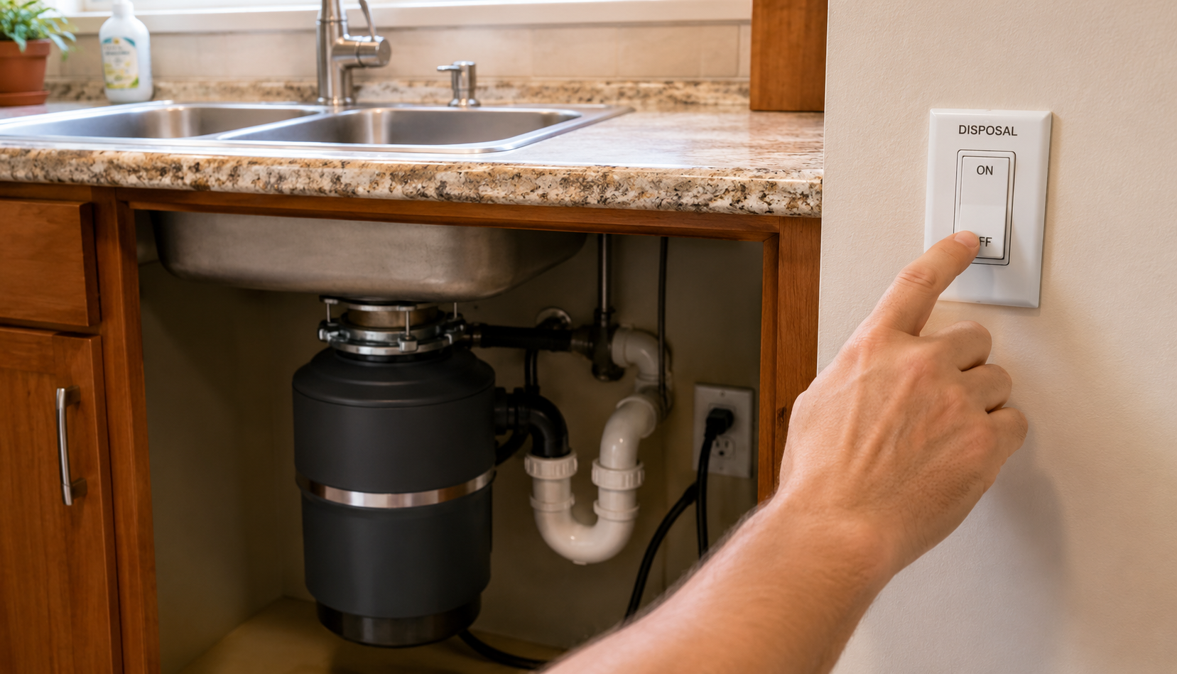 Kitchen sink with garbage disposal switch on wall before troubleshooting