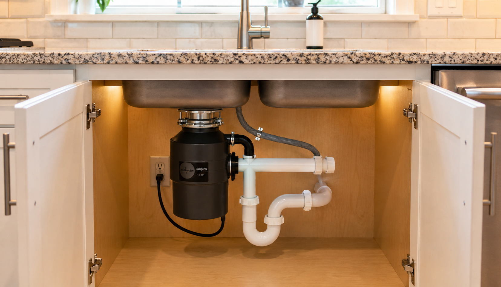 ChatGPT Image Jun 28, 2026, 04_22_56 PM Properly installed garbage disposal with plumbing connections complete under kitchen sink