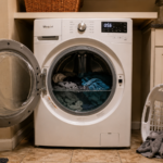 Front load washing machine door open with standing water and wet clothes inside