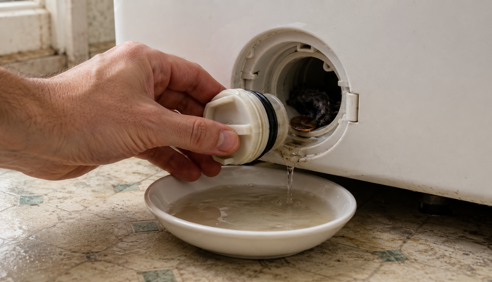 ChatGPT Image Jun 3, 2026, 01_56_17 AM Hand unscrewing washing machine pump filter with coin and debris visible inside