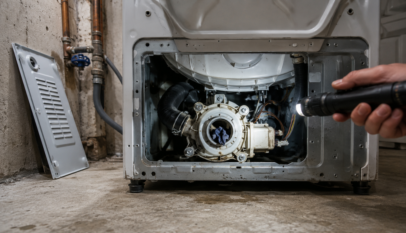 ChatGPT Image Jun 3, 2026, 01_56_28 AM Washing machine rear panel removed showing drain pump during DIY inspection