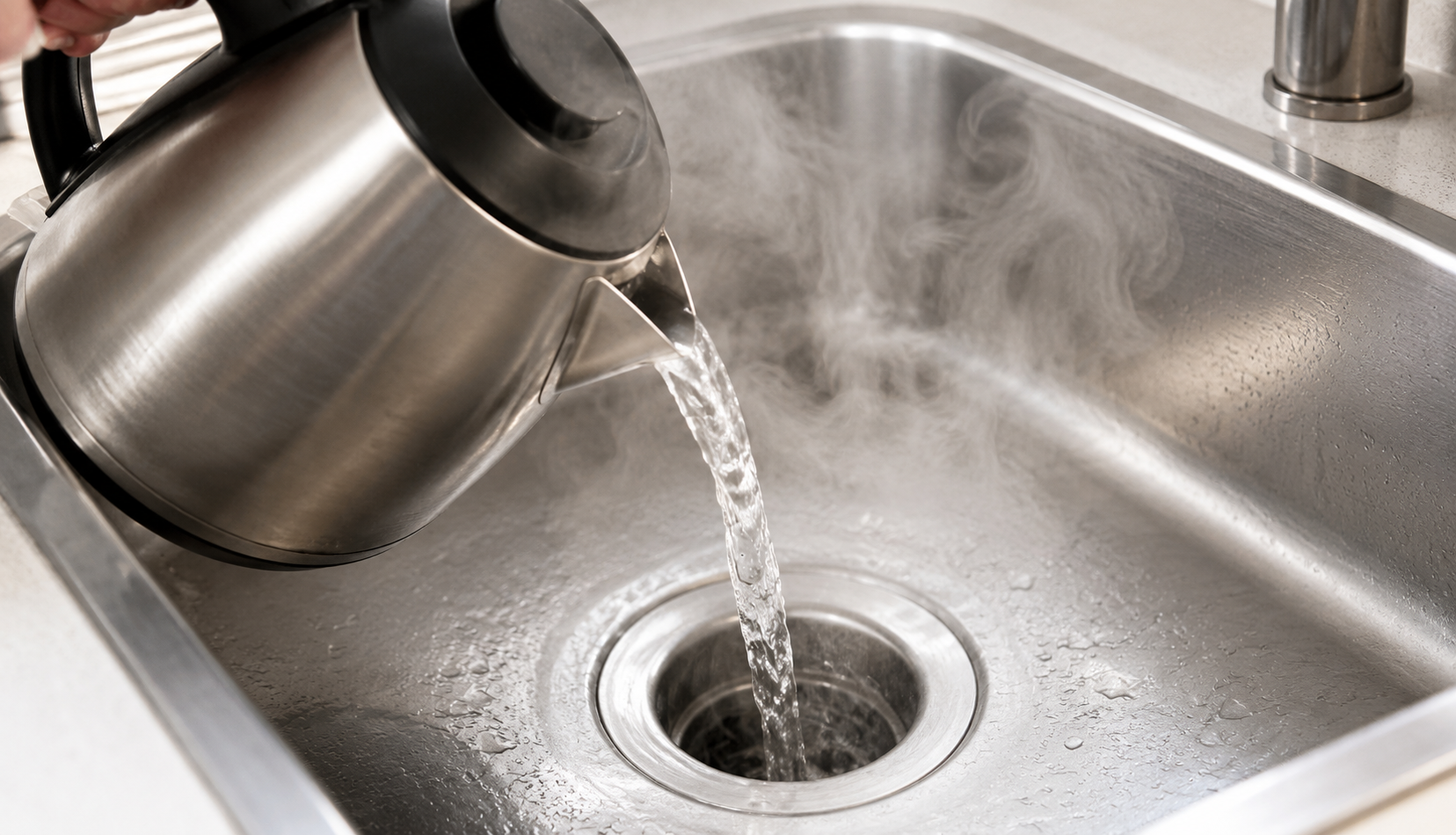 Pouring boiling water down kitchen sink drain to unclog garbage disposal