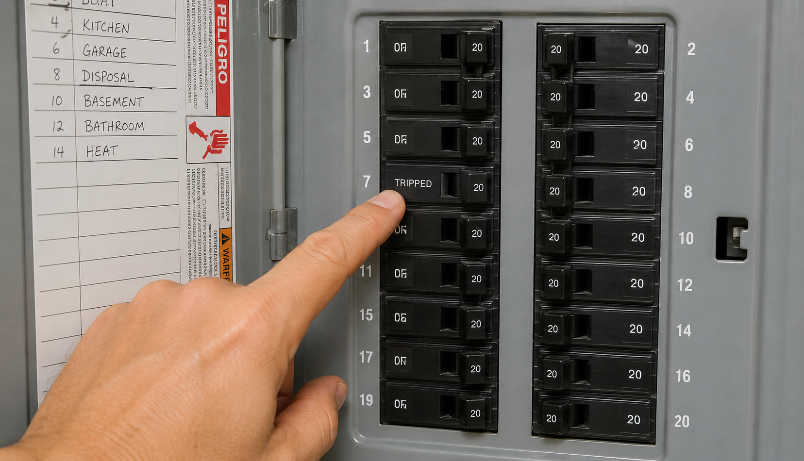 Hand opening electrical breaker panel to check tripped garbage disposal circuit