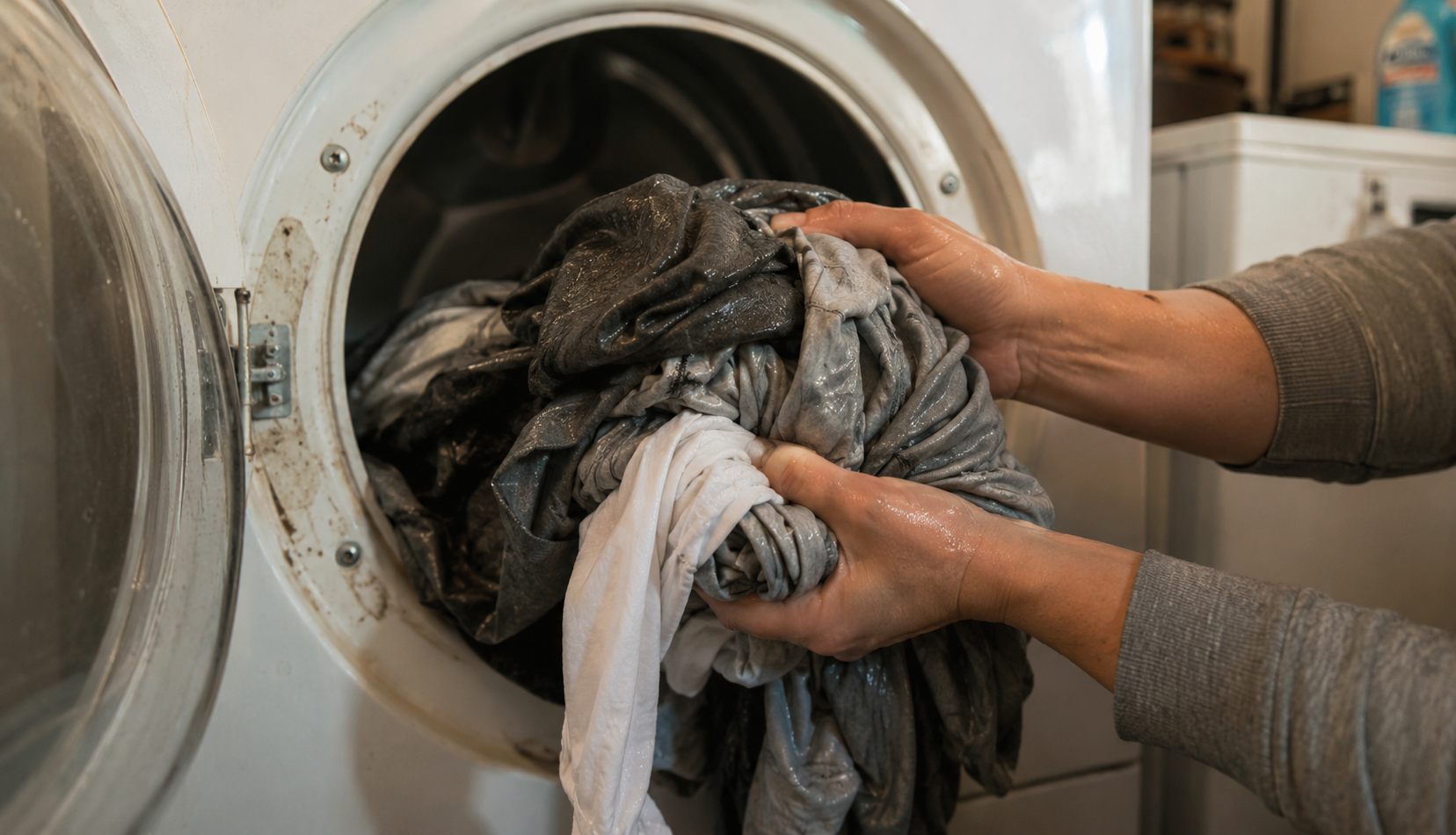 Hands pulling wet laundry from a dryer that stopped producing heat