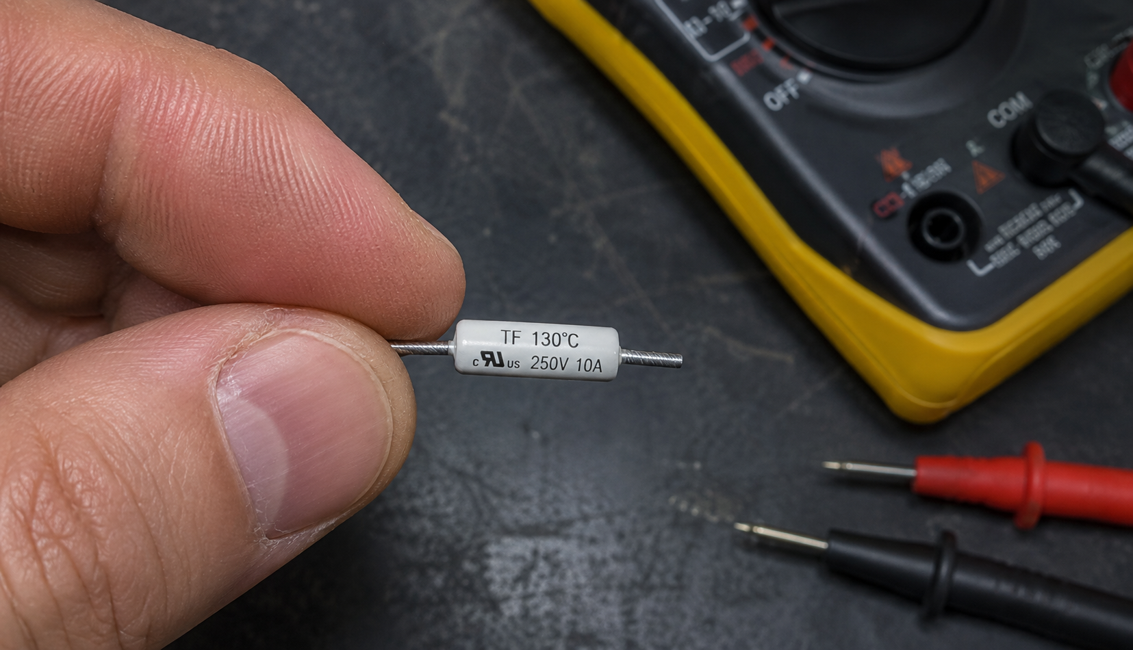 Thermal fuse removed from dryer being tested with a multimeter