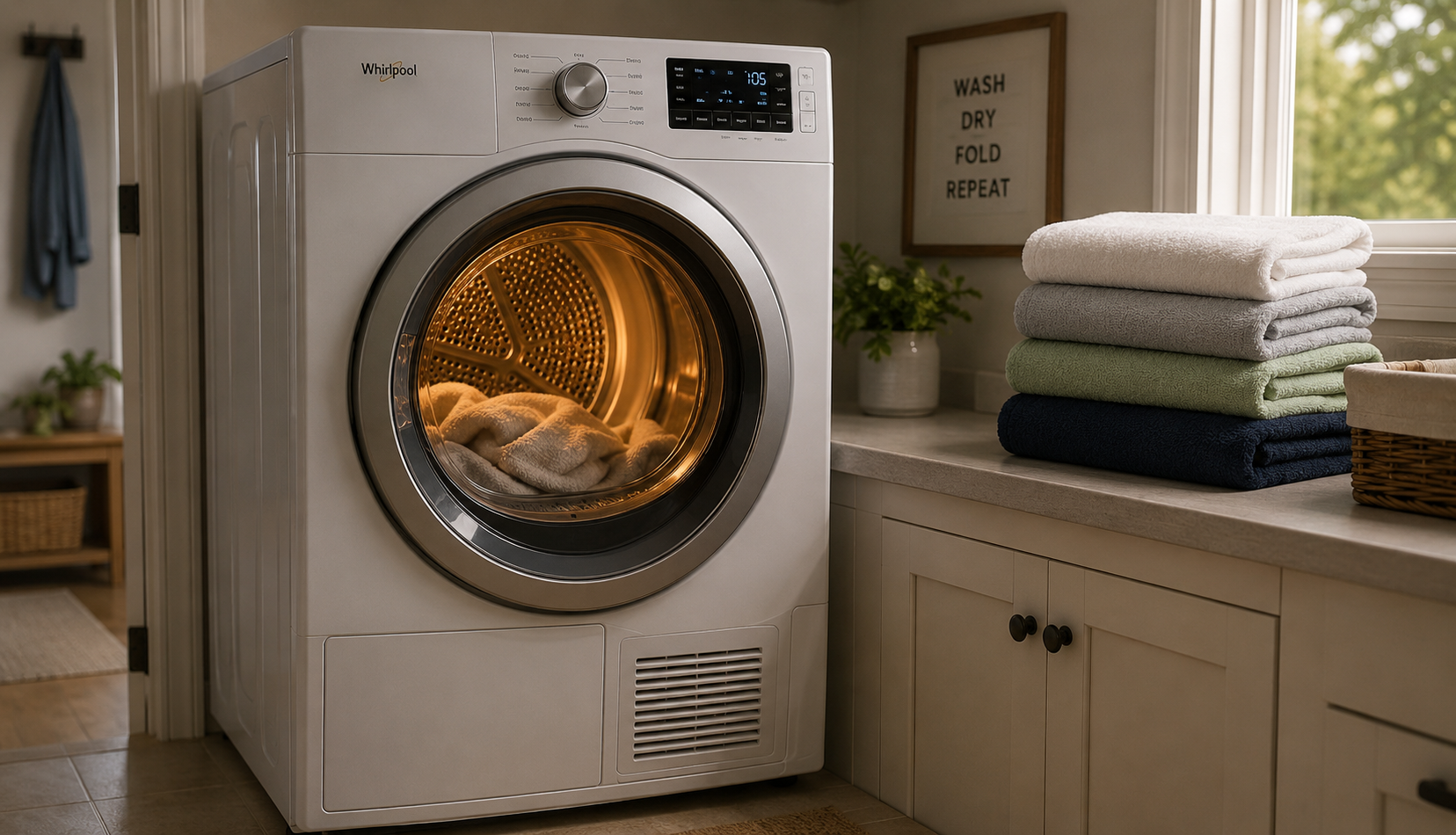Dryer running with heat restored and clean folded laundry stacked on top