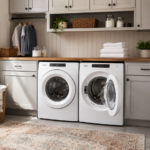 Modern home laundry room with washer and dryer set into white cabinetry
