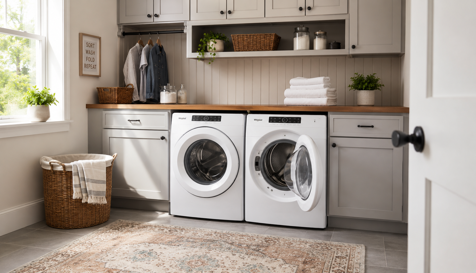 Modern home laundry room with washer and dryer set into white cabinetry
