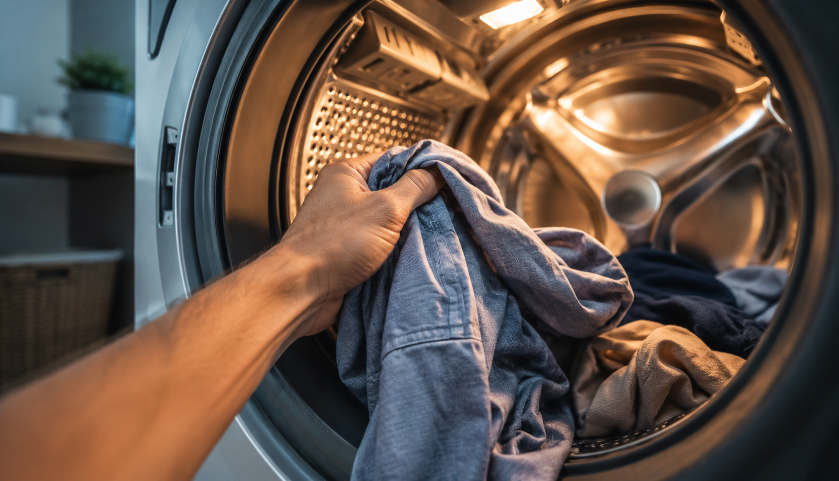 Hand pulling freshly dried shirt from large capacity front load dryer drum