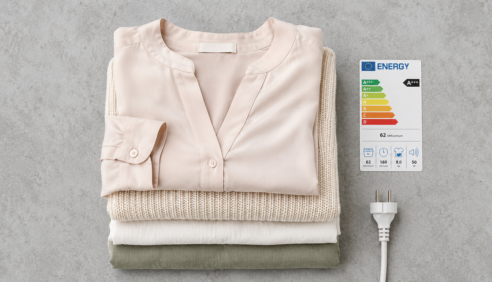 Delicate fabrics folded beside energy efficiency label representing heat pump dryer care
