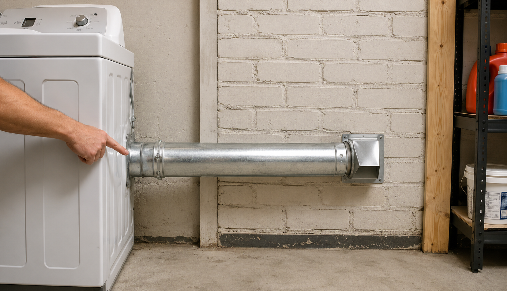 Correctly installed rigid metal dryer vent duct running straight to exterior wall