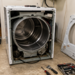 Dryer with front panel removed showing snapped belt loose inside cabinet