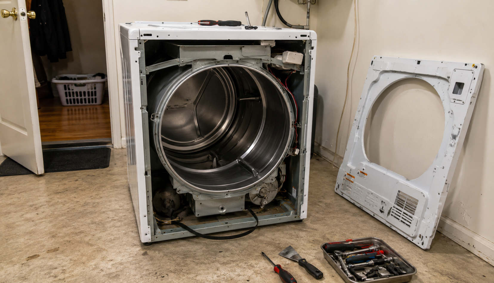 Dryer with front panel removed showing snapped belt loose inside cabinet