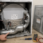 Whirlpool dryer rear panel removed showing thermal fuse location on exhaust duct