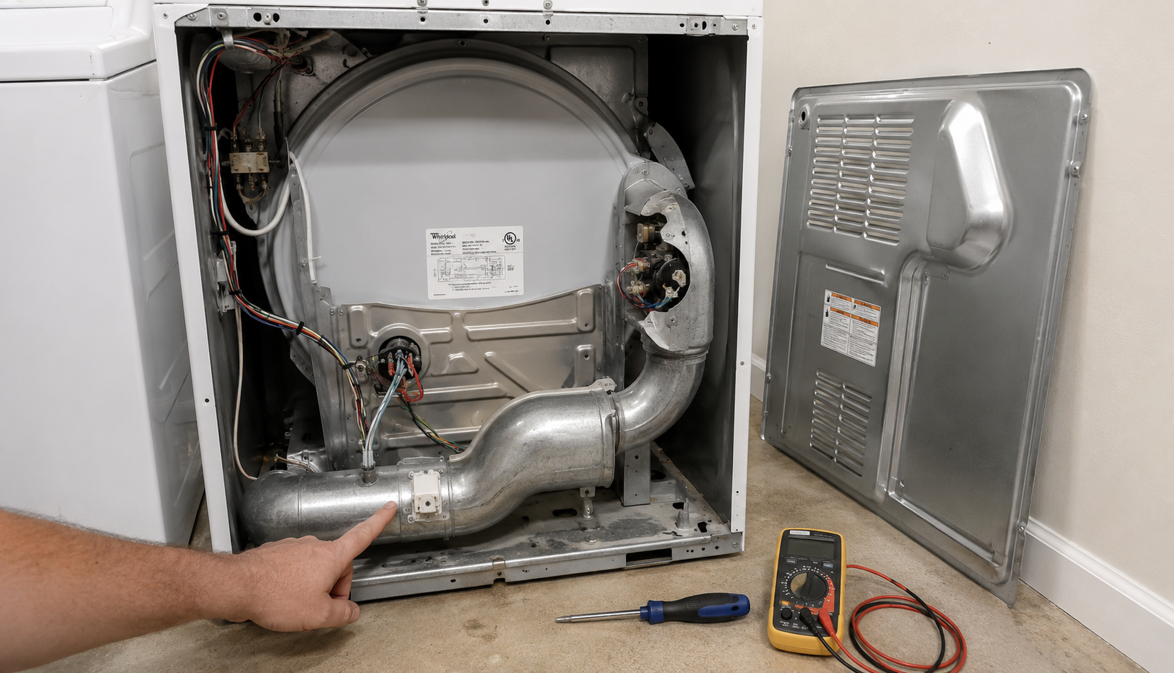 Whirlpool dryer rear panel removed showing thermal fuse location on exhaust duct