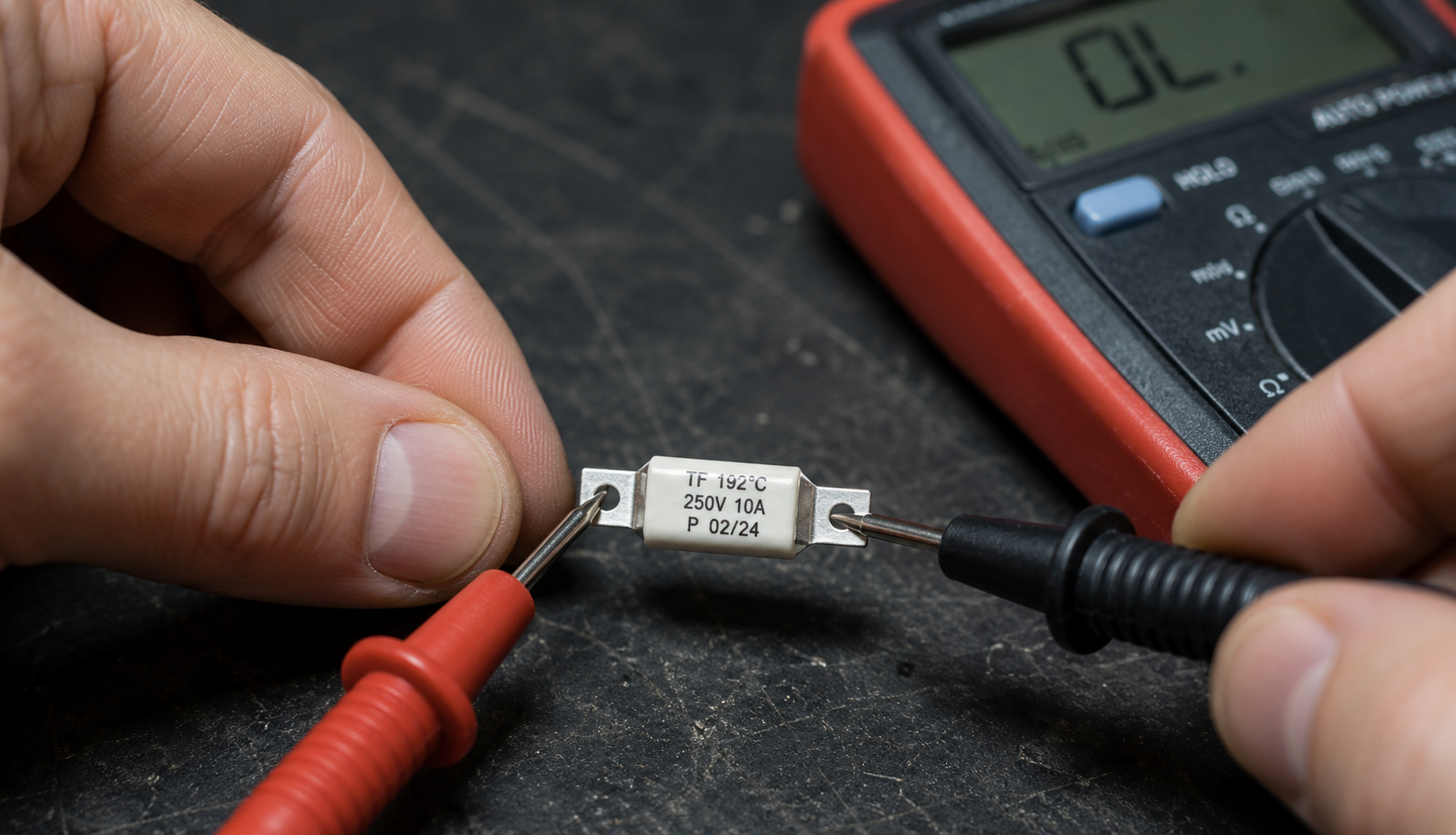 Multimeter probes testing dryer thermal fuse continuity on workshop workbench