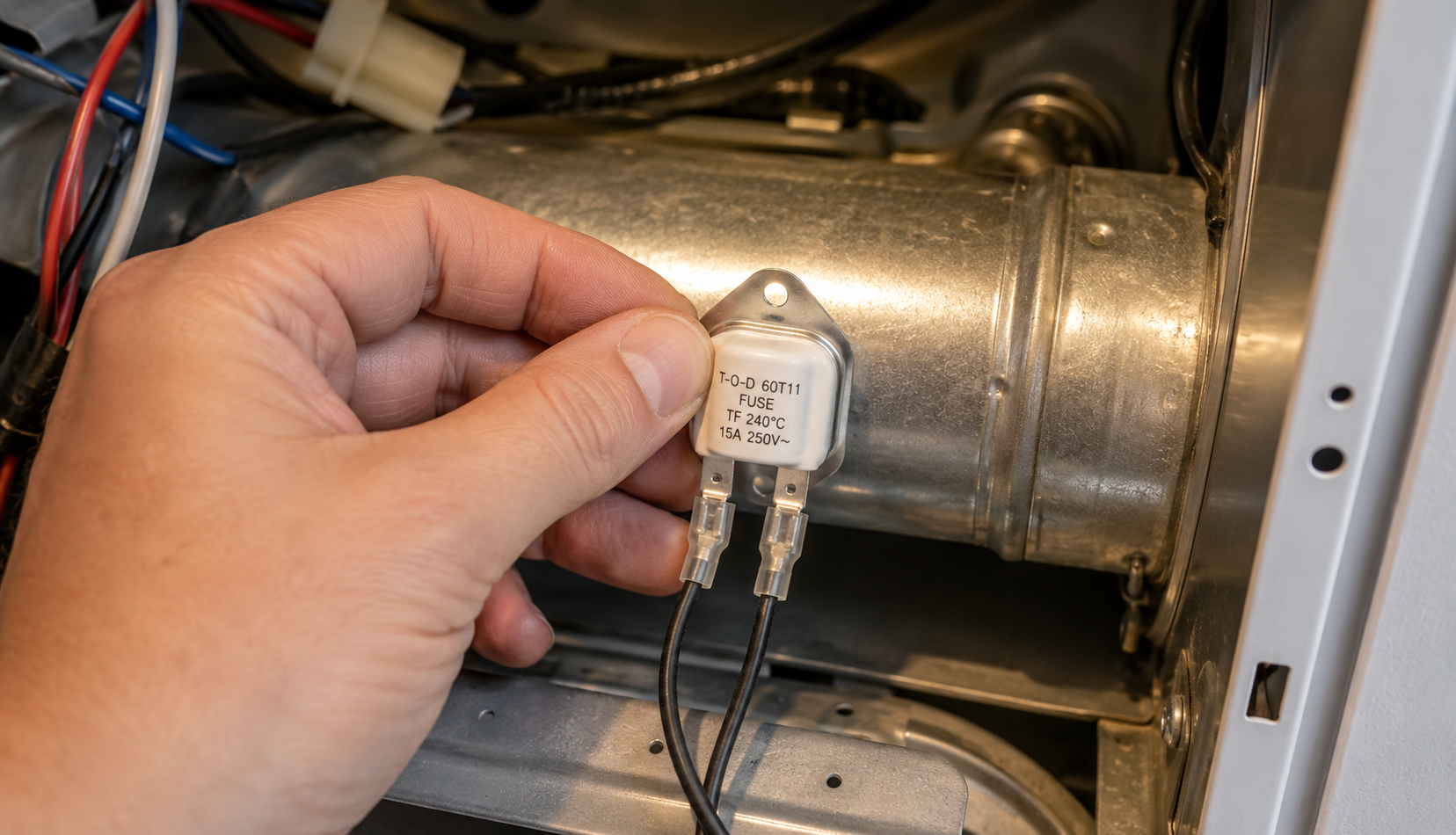 Hand installing new thermal fuse onto dryer exhaust duct inside rear cabinet
