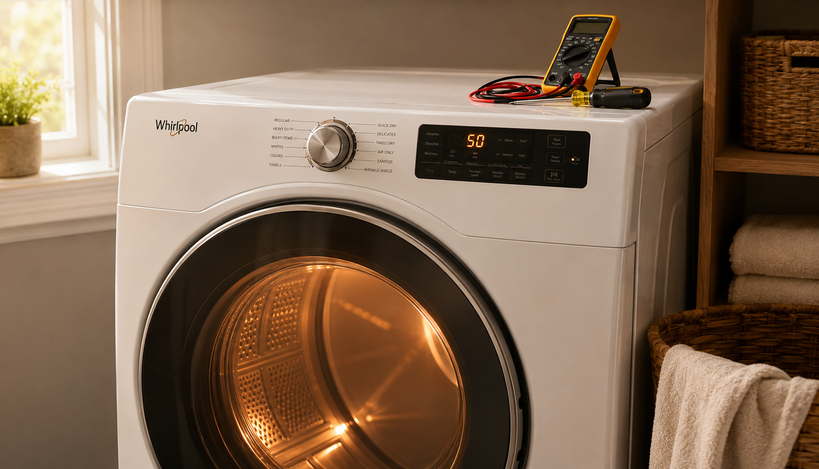 Reassembled Whirlpool dryer running with heat restored after thermal fuse repair