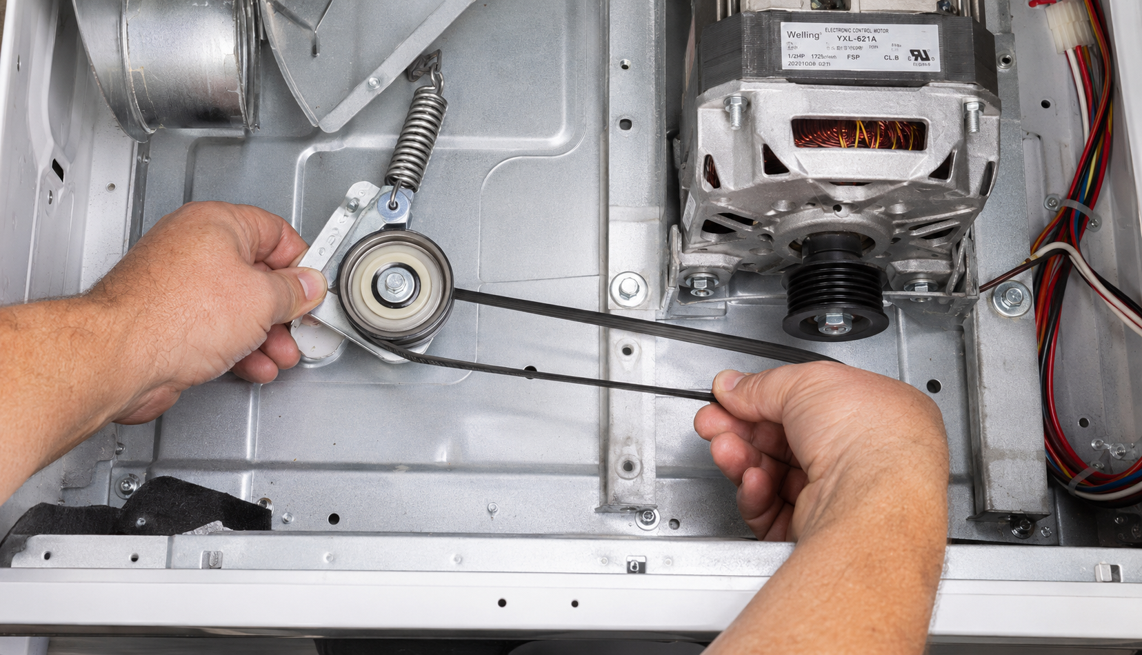 ChatGPT Image Jun 7, 2026, 07_24_59 PM Hands routing new dryer belt around idler pulley and motor shaft inside cabinet