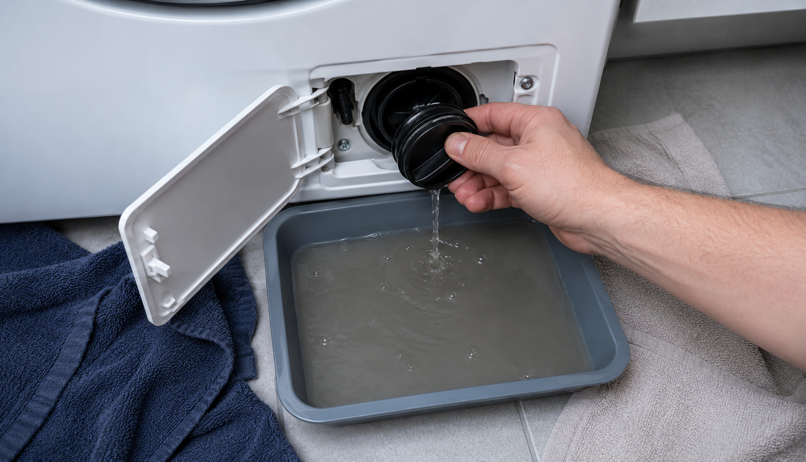ChatGPT Image Jun 8, 2026, 03_09_48 PM Hand unscrewing washing machine pump filter cap with drain tray underneath